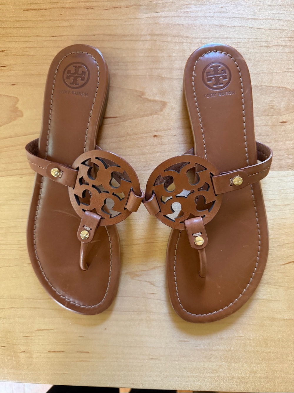 Tory Burch Cognac Leather Logo Thong Sandals